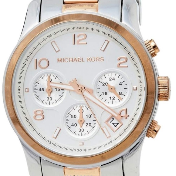 MICHAEL KORS Silver Rose Gold Chronograph Runway Watch New Battery Ready to Wear - Picture 7 of 10